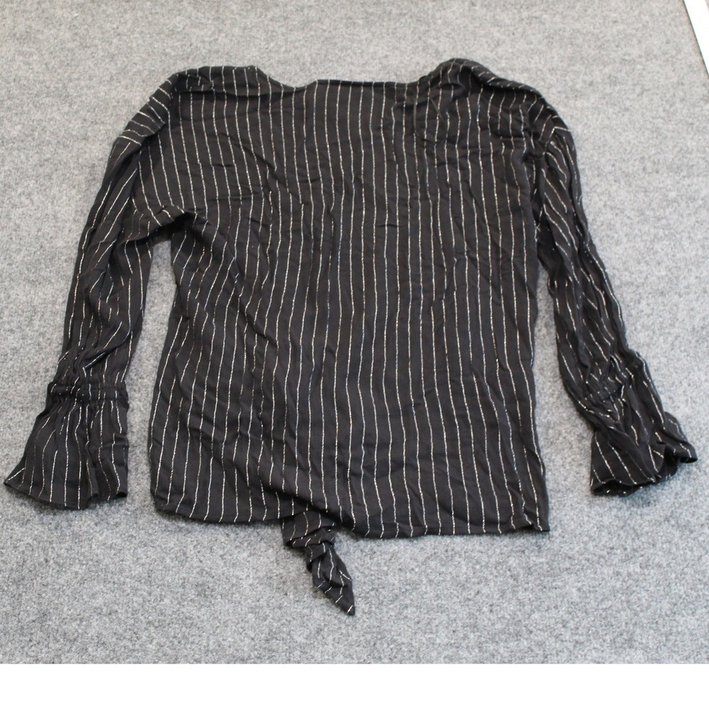Juicy Couture Womens Black Silver Metallic Pinstripe Tie‎ Front Ruffle Top L - Picture 9 of 9